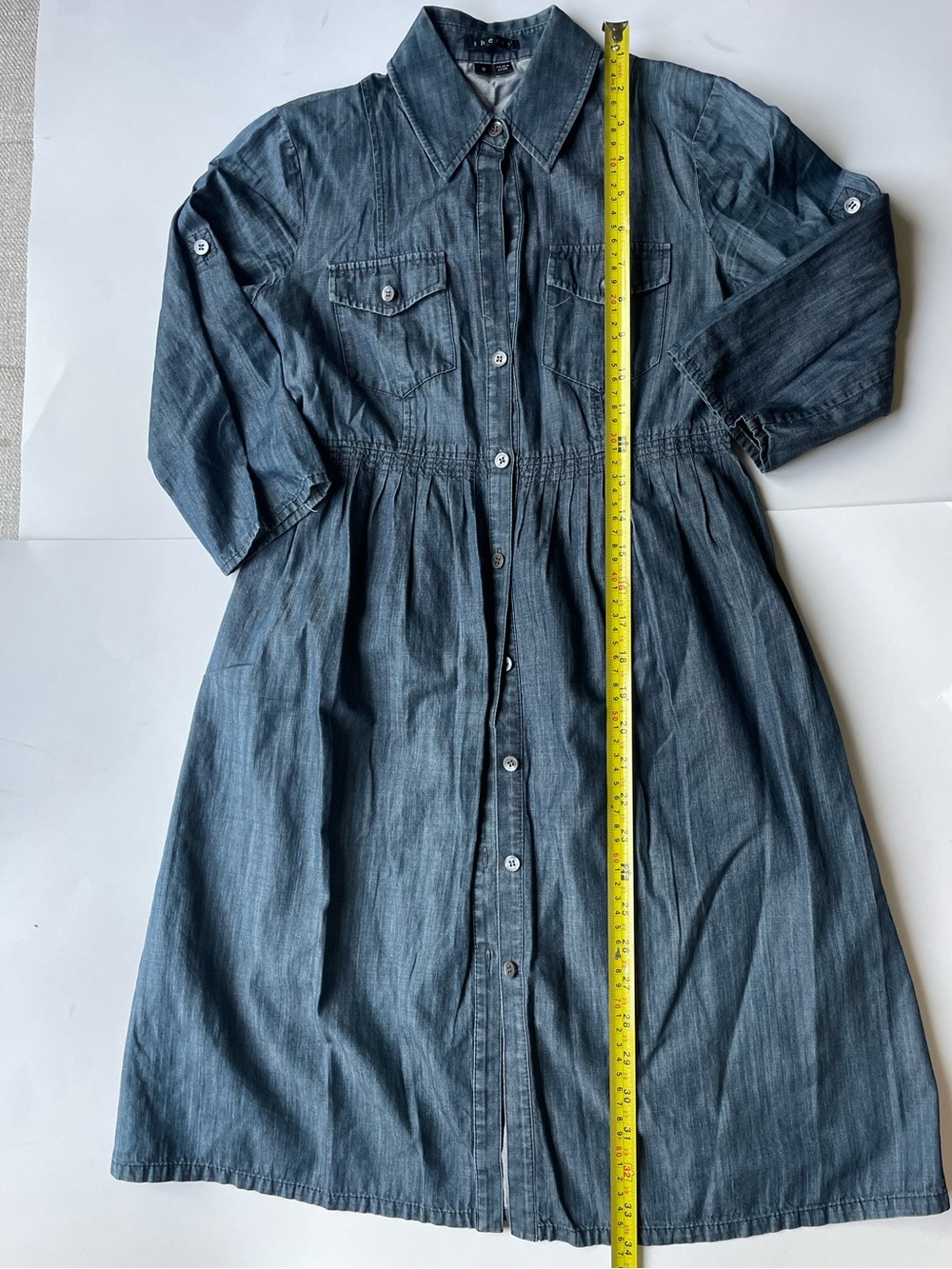 Theory Chambray Shirt Dress 100% Cotton | Slate Blue Utility Midi Dress - Picture 7 of 8